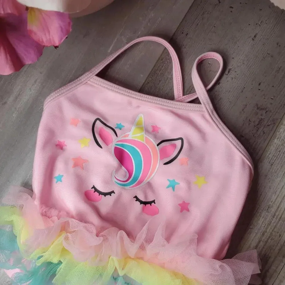 Wonder Nation Baby Girl Rainbow Unicorn One Piece Swimsuit Size 3-6m NWOT